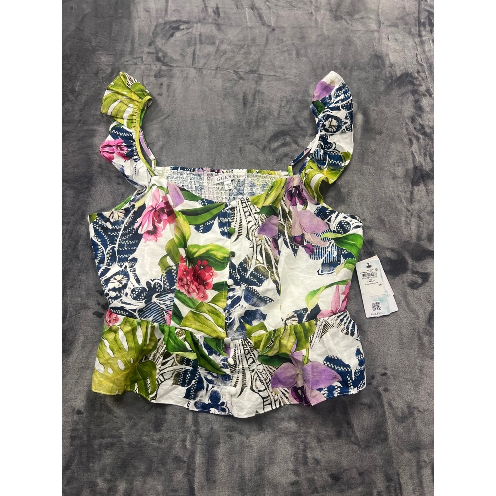 Guess Carine‎ Peplum Top Womens XL Island Fancy Tropical Floral Ruffle Eco